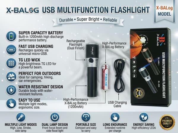 X BALOG USB Multifunction Flashlight Durable Portable Powerful Practical Choice For Emergency Outdoor Camping And Daily Use